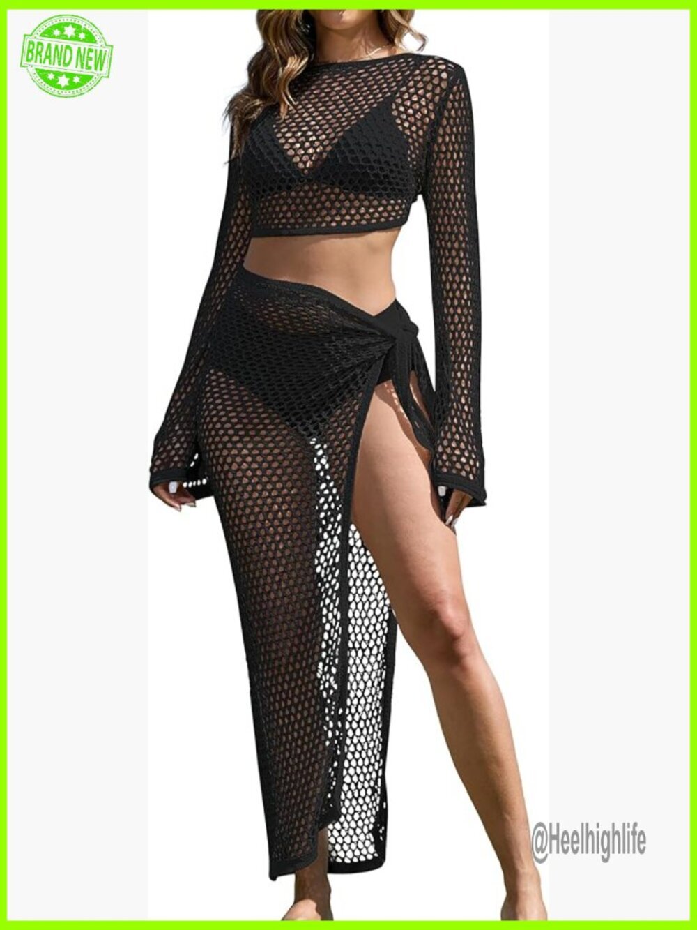 Medium Crochet Bikini Coverup Set with Long Skirt and Bell Sleeves
